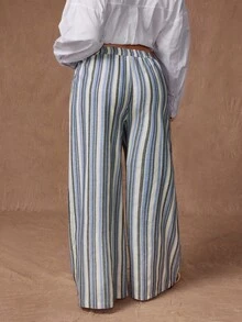 Rustia Fashionable Casual Striped Elastic Waist Wide Leg Pants Fall Cloth For Women - Multicolor - View 2