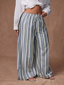 Rustia Fashionable Casual Striped Elastic Waist Wide Leg Pants Fall Cloth For Women - Multicolor - View 7