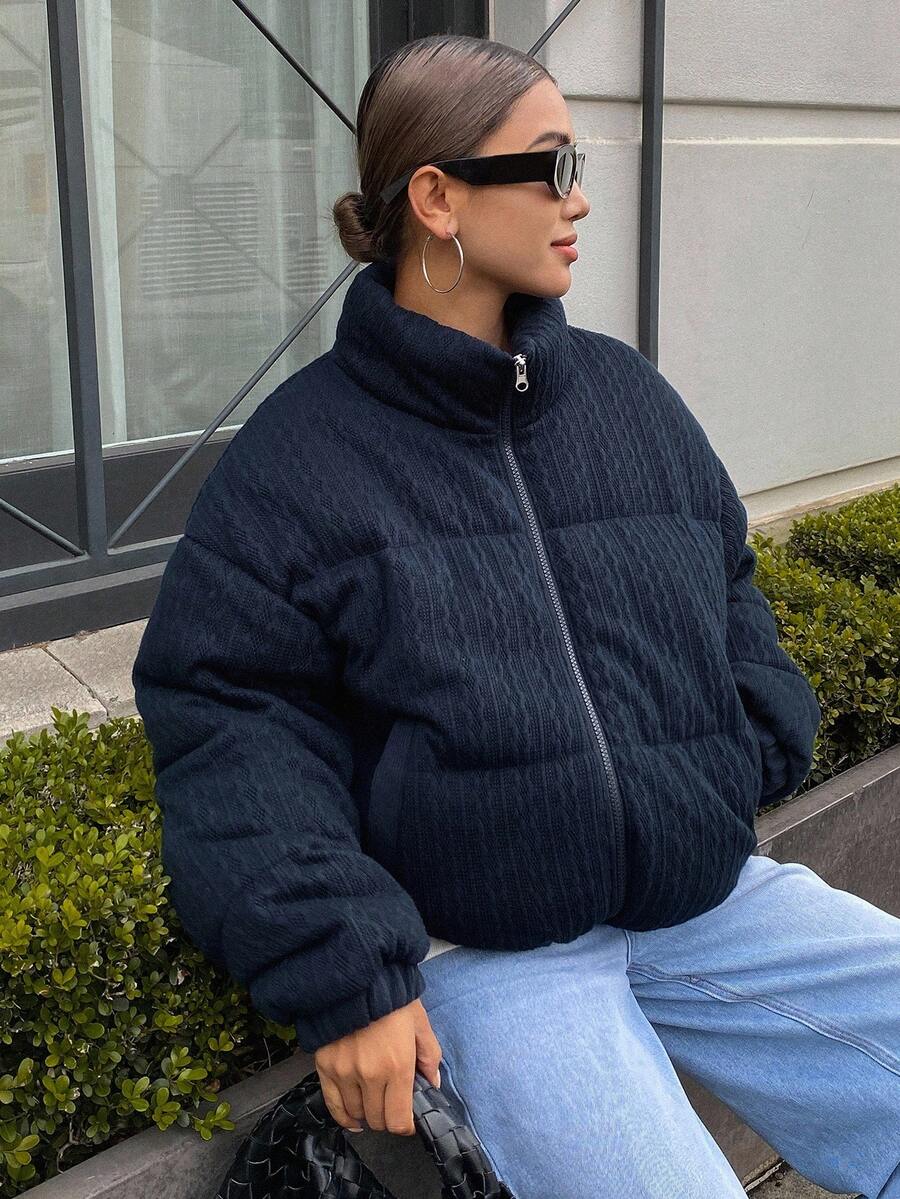 DAZY 女式宽松高领拉链休闲街头装夹棉外套，秋冬夹克 - 藍色 - 查看 1