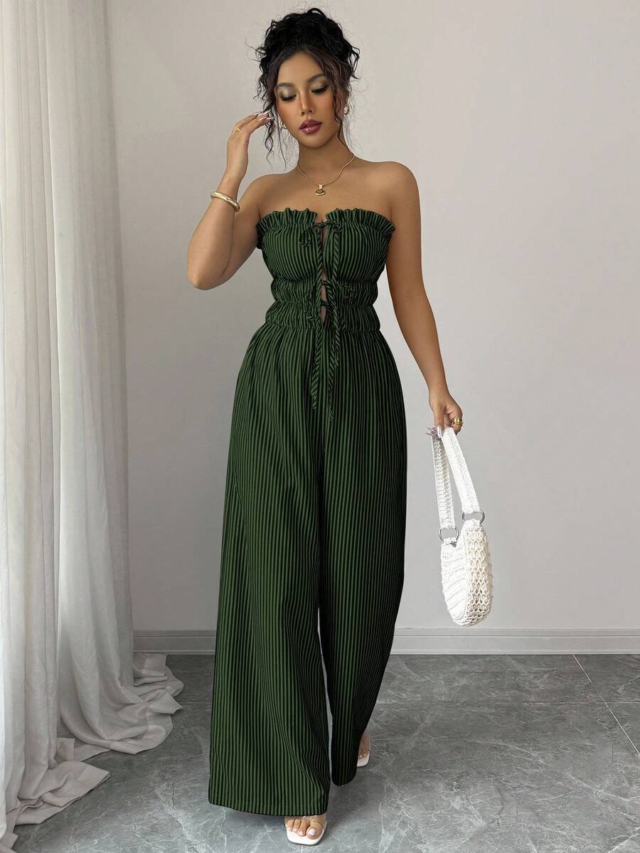 Elenzga 女士度假风荷叶边前系带条纹抹胸阔腿连体裤 - 彩色 - 查看 1