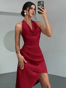 Firerie Elegancka, damska sukienka maxi z odkrytymi plecami i dekoltem halter, kolor morelowy, odpowiednia na randkę, wyjątkowe wakacje, sezon ślubny i lato - Burgund - Zobacz 8