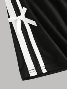 SHEIN Girlism Tween 女童春季黑色蝴蝶结装饰条纹喇叭裤，返校季，居家休闲运动，蝴蝶结装饰甜美运动喇叭裤