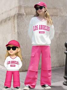 SHEIN Tween Girl Two Pieces Set: White Sweatshirt With Letter Print Top And Fuchsia Woven Cargo PantsAutumn/Winter.2025 Back-To-School Season Kids College Outfits And Campus Sportswear - Hot Pink - View 1
