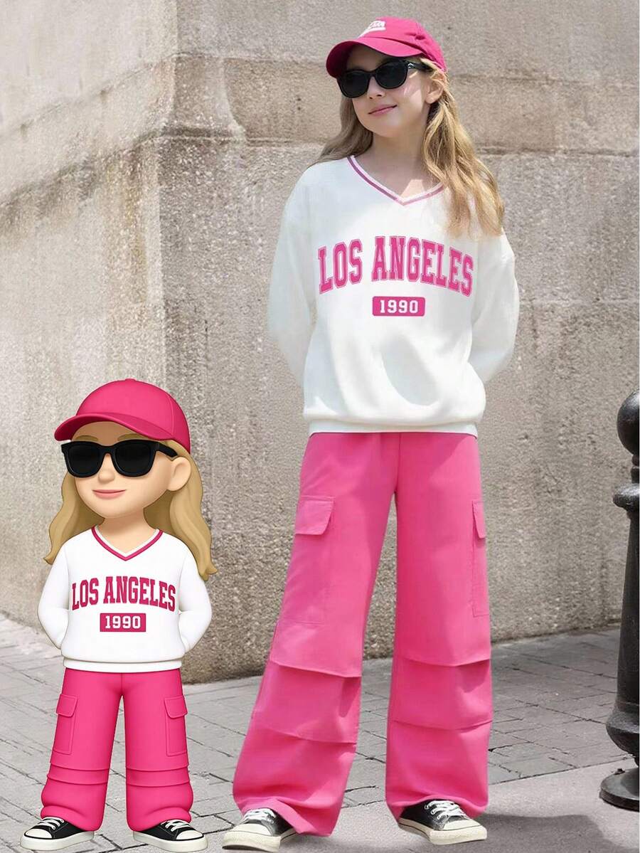 SHEIN Tween Girl Two Pieces Set: White Sweatshirt With Letter Print Top And Fuchsia Woven Cargo PantsAutumn/Winter.2025 Back-To-School Season Kids College Outfits And Campus Sportswear - Hot Pink - View 1