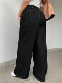 Dazy Plus 深色水洗宽松直筒长牛仔裤，四季皆宜 - 黑色 - 查看 2