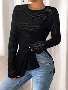 SHEIN Frenchy Solid Color Round Neck Split Hem Fitted Elegant Long Sleeve T-Shirt Black Tops Winter Casual Spring - Black - View 4