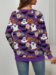 EMERY ROSE Sweat-shirt-shirt à manches raglan avec imprimé graphique de fantôme violet, citrouille et chauve-souris, grande taille - Multicolore - Voir 2