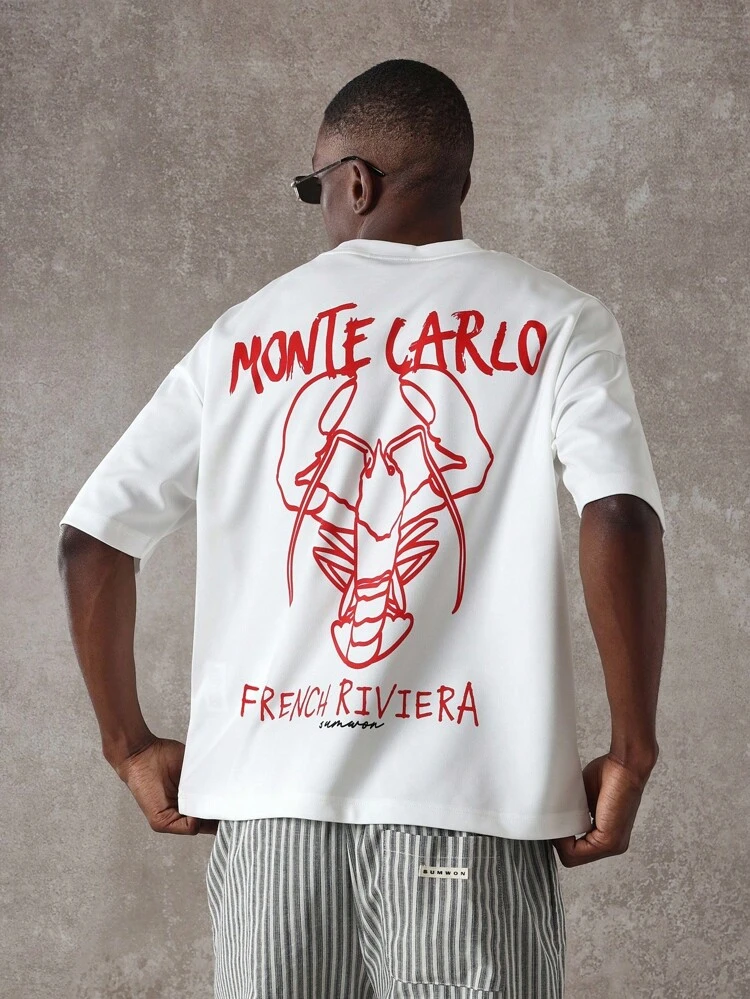 SUMWON Monte Carlo French Riviera Short Sleeve T-Shirt Summer Casual Oversized Graphic Print Streetwear Lobster Design Vacation Beach Holiday Cruise Tee