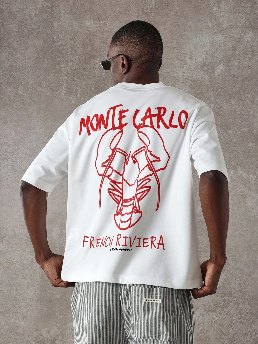 SUMWON Monte Carlo French Riviera Short Sleeve T-Shirt Summer Casual Oversized Graphic Print Streetwear Lobster Design Vacation Beach Holiday Cruise Tee - White - View 1