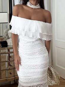 Ronhire Knitted Lace Off Shoulder Form-Fitting Fish Tail Dress For Women - White - View 3