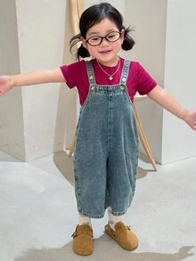 DAZY 女嬰休閒分層可愛水洗牛仔吊帶褲，秋冬幼兒款 - 藍色 - 查看 7