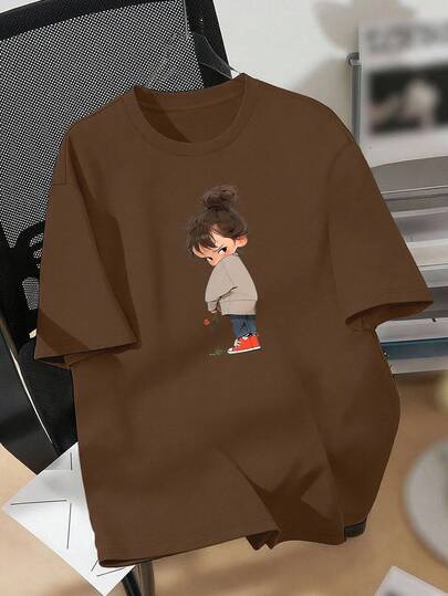 EMERY ROSE 休闲修身女式加大码T恤，印有小女孩图案