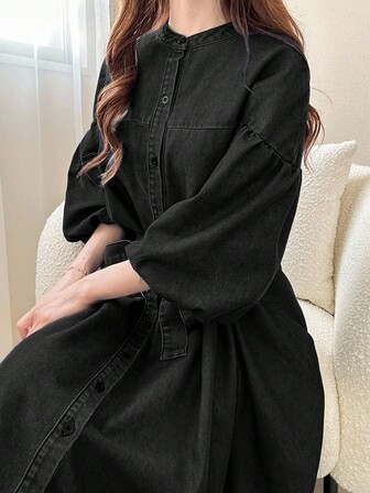 FRIFUL Women's Lantern Sleeve Single-Breasted Waist Tie Casual Denim Dress Puff Sleeve Dress Lantern Sleeve Dress Black Midi Dress Black Denim Dress French Style Dress