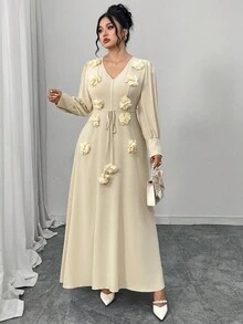 Modelyn Plus Appliques Belted Dress Fall Cloth For Women - Apricot - View 6