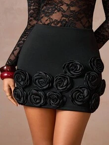 SHEIN x Lina Lumalex 早春3D立体花卉修身A字迷你裙，适合女士，尽显奢华新年新风尚，低调奢华，适合舞会、聚会、宴会、晚宴、节日派对、锐舞派对、音乐节、郊游、度假、户外、婚礼季、宴会、宰牲节、新年派对、晚宴、晚会、秋季派对裙装。 - 黑色 - 查看 8