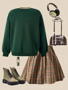 SHEIN Casuvi Kid Teen Girl 2-Piece Set: Vintage School Style Ribbed Crew Neck Sweatshirt With Letter Graphic, Woven Plaid Pleated Skirt, Suitable For School, Casual Wear In Spring And Autumn, Fall Clothes Outfit Winter