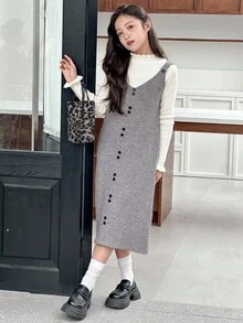 Dazy Kids Tween Girl Solid Color Button Design Fitted Knit Camisole Dress, Autumn/Winter - Black - View 7