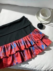 Comfortcana 女式夏季时尚格子拼布荷叶边下摆迷你裙 - 彩色 - 查看 3