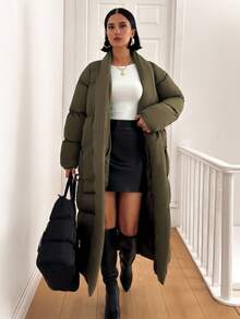 EURMUSE Women Long Green Belted Winter Coat - Army Green - View 4