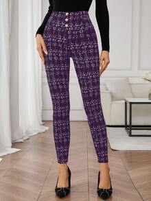 SHEIN Clasi Plaid Metal Buckle High Waist Skinny Pants - Purple - View 3
