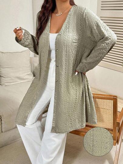 Vionelle Plus Size Women Jacquard Knit Long Sleeve Cardigan, Mid-Length Outerwear For Autumn Winter Autumn Fall