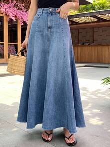 Minimalist Elegant Versatile Slimming A-Line Maxi Skirt - Dark Wash - View 1