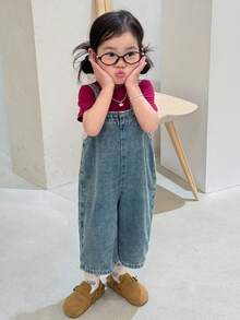 DAZY 女嬰休閒分層可愛水洗牛仔吊帶褲，秋冬幼兒款 - 藍色 - 查看 11