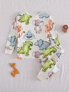 Cozy Pixies 2pcs Young Boy Cartoon Shark & Dinosaur Print Soft Knit Crew Neck Long Sleeve Top And Elastic Waist Pants Snug Fit Pajama Set, Suitable For Autumn/Winter Childrens Animal Print Pajamas Kids Bamboo Pajamas Kids Dinosaur Clothes Cartoon Pajamas - Multicolor - View 2