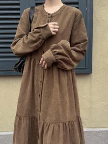 FRIFUL Women's Corduroy Patchwork Loose Hem Casual Long Dress - Khaki - View 5