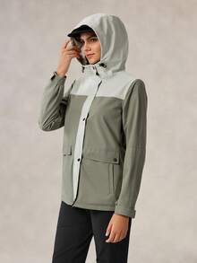 OutZeal Veste de plein air pour femmes, randonnée, camping, résistante à l'eau, coupe-vent, capuche réglable, blocs de couleurs, Top de plein air, printemps automne - Vert - Voir 8