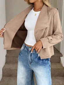 Easowa 女式休闲时尚街头时尚翻领拉链仿麂皮机车夹克，秋季 - 駝色 - 查看 3