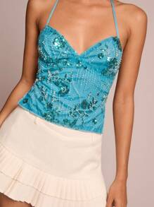 Zolique Women's Sexy Vacation Beaded & Embroidered Backless Halter Neck Tank Top, Summer - Teal Blue - View 4