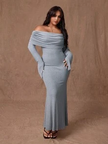 Rustia 大码女式纯色褶饰优雅收腰单肩连衣裙 - 灰色 - 查看 8