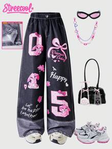 SHEIN Explorewe Pantalon large à imprimé slogan de dessin animé en couleur contrastée pour préadolescentes - Noir - Voir 3