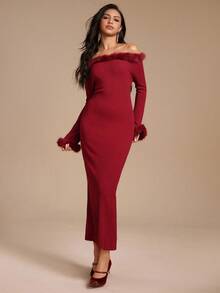 Glamine Elegant Commuter Solid Color Off Shoulder Long Knit Dress - Burgundy - View 4