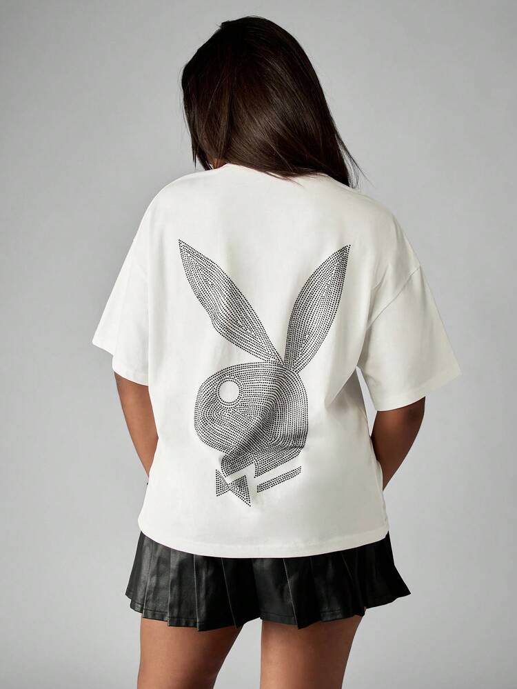 Missguided x Playboy Luźna koszulka z nadrukiem w stylu gotyckim i zdobieniem z tyłu w kształcie króliczka