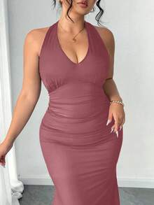 SHEIN PETITE Mesh Double Layer Halter Maxi Fish Tail Dress, Elegant Plus Size & Petite Summer Dress - Multicolor - View 8