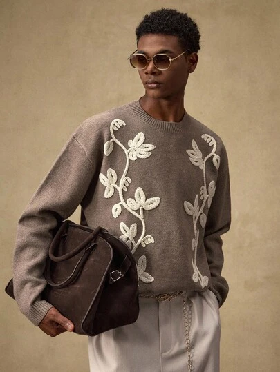 EASEVO Jersey de cuello redondo con estampado floral 3D, de hombros caídos y manga larga para hombre, suelto y cómodo