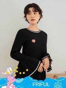 FRIFUL SHEIN X Care Bears Váy len dáng chữ A ôm sát cổ tròn thêu chữ và họa tiết trái tim tương phản dành cho nữ - màu đen - Xem 9