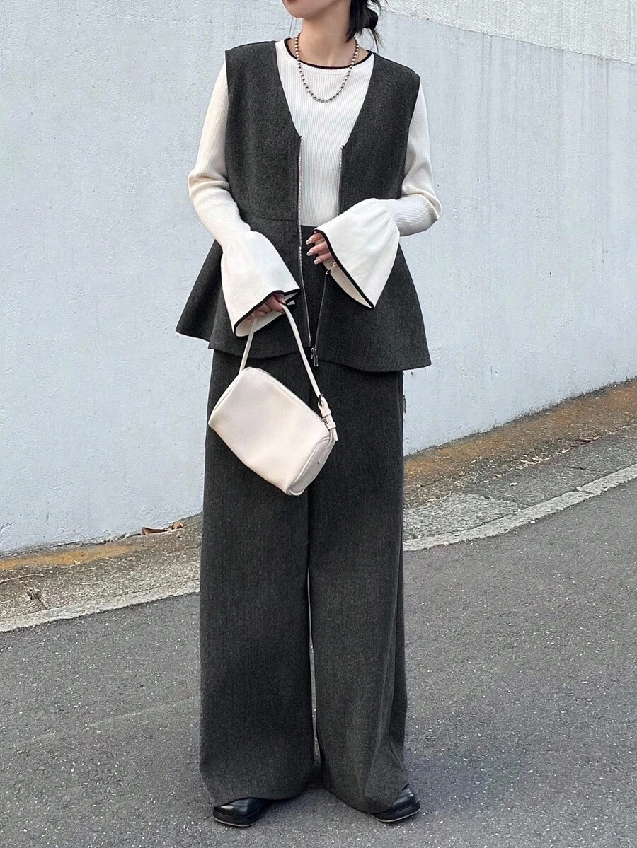 FRIFUL Women's Wool Vest And Pants Set, Solid Color Casual City Style With Metal Trim Decoration