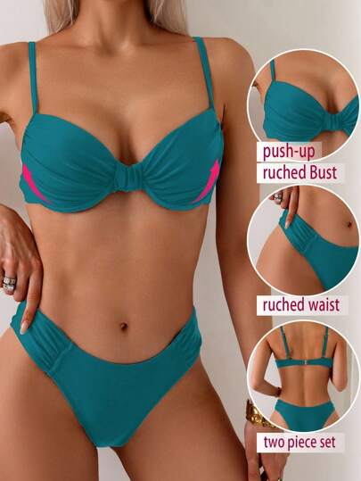 SHEIN Swim 2 件套女士纯色性感支撑钢圈聚拢褶皱上衣和比基尼泳装下装海滩度假泳装套装