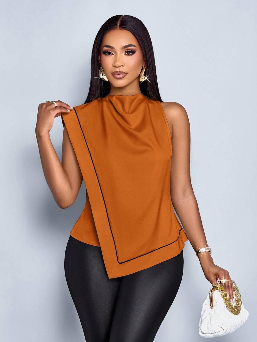 SOLERSUN 女式通勤垂坠领撞色黑色条纹亚麻不对称下摆衬衫 - 鏽棕色 - 查看 1