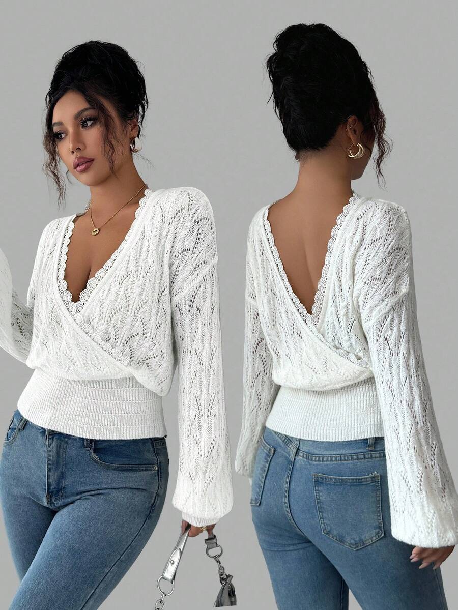 Elenzga Hollow Lace V-Neck Backless Mohair Sweater For Women, Elegant Wool Knitted Pullover With Reversible Design - White - View 1