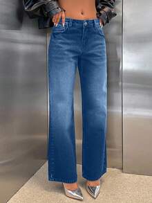 EURMUSE 100% Coton TAILLE BASSE COUPE DROITE JEAN FEMME STYLE Y2K GRIS FONCÉ - Jean bleu - Voir 3