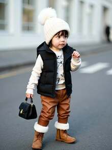 SHEIN Vintaside Kids 女婴休闲百搭连帽夹克背心，拉链开合，冬季，日常穿着