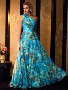 MOTF Soiréza VESTIDO DE NOCHE DE UNA SOLA MANGA SIN MANGAS DE LARGO HASTA EL SUELO CON PATRONES ABSTRACTOS ALEATORIOS VIBRANTES Y TELA PLISADA, SILUETA ENTALLADA PARA EVENTOS FORMALES Y BODAS DE PRIMAVERA/VERANO - Azul - Ver 6