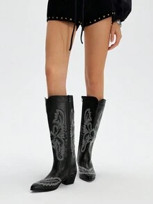 Styleloop Women's Studded, Zipper, Embroidered Decor Chunky Heel Pointed Toe Slip-On Boots, Suitable For Holidays, Outdoor And Etc. - Black - View 2