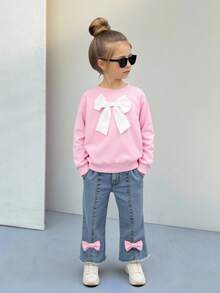 2pcs/Set Girls Casual College Style Pink Long Sleeve Crew Neck Sweatshirt With Blue Washed Denim Flare Pants Outfit - Pink - View 3
