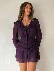 Aloruh Women's Elegant Sexy Deep V Ruffle Waist Cinched Waist Flare Sleeve Purple Mini Dress,Fall Dresses For Women, Women Night Out Dress,Women Dating Dress