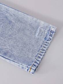 SHEIN Sparklyn 少女款松紧腰破洞牛仔阔腿裤，适合春、夏、秋、冬日常穿着、户外旅行、秋季派对等场合。